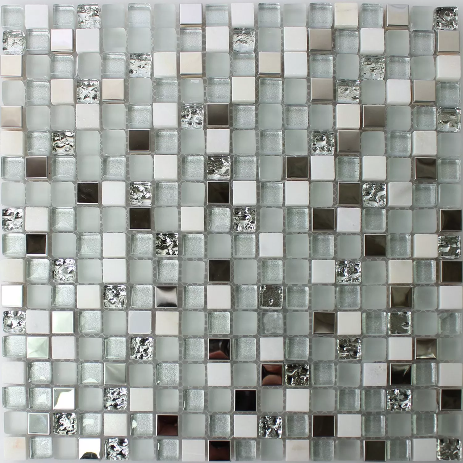 Mozaika Szkło Stal Nierdzewna Kamień Naturalny Biały Srebrny