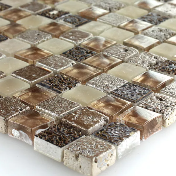 Próbka Mozaika Escimo Szkło Kamień Naturalny Mix Brązowy Beżowy