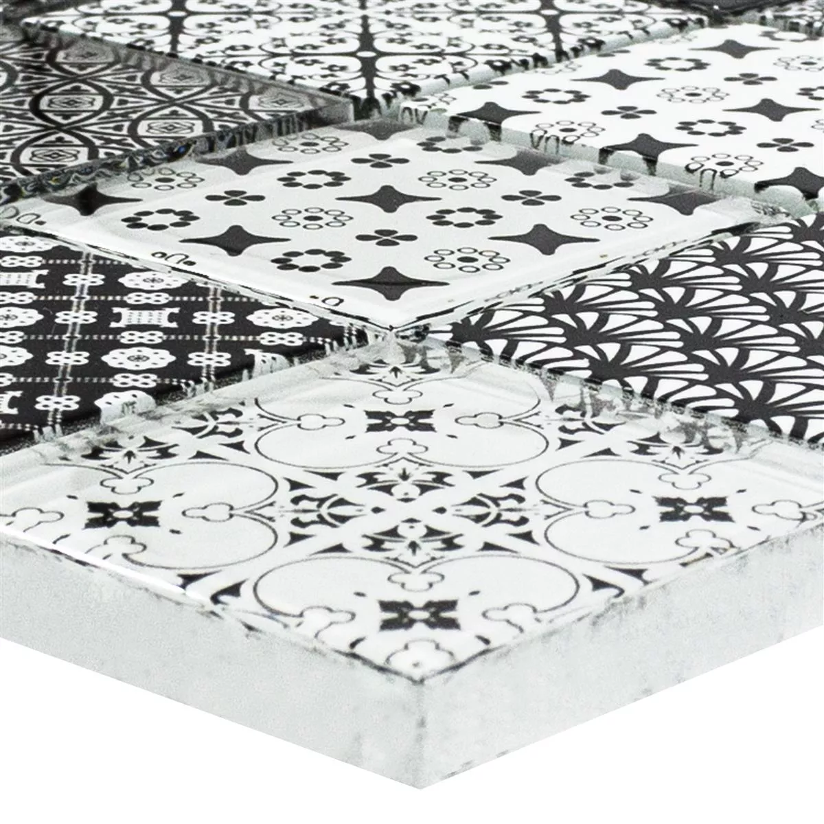 Próbka Mozaiki Szklana Płytki Ornamento Czarny Biały