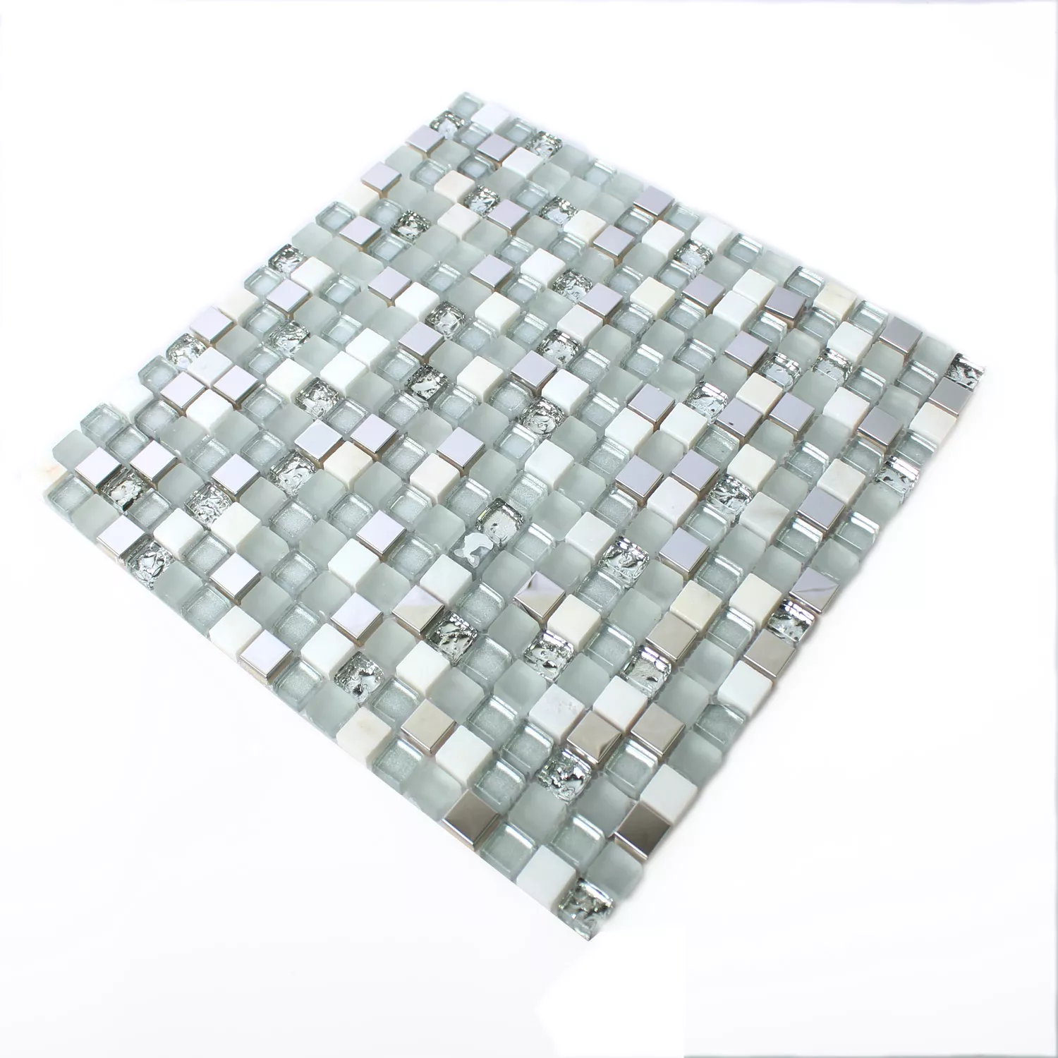 Próbka Mozaika Szkło Stal Nierdzewna Kamień Naturalny Biały Srebrny