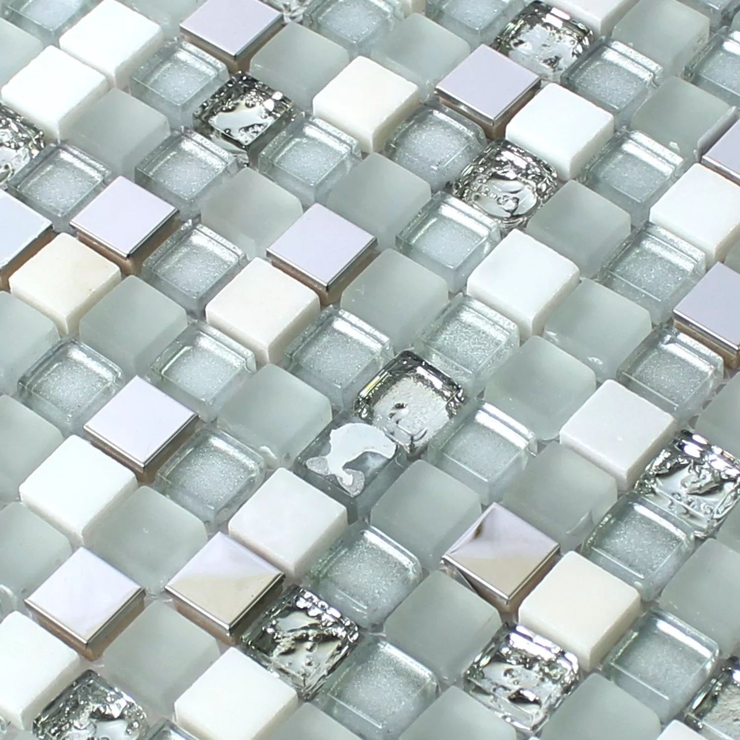 Próbka Mozaika Szkło Stal Nierdzewna Kamień Naturalny Biały Srebrny