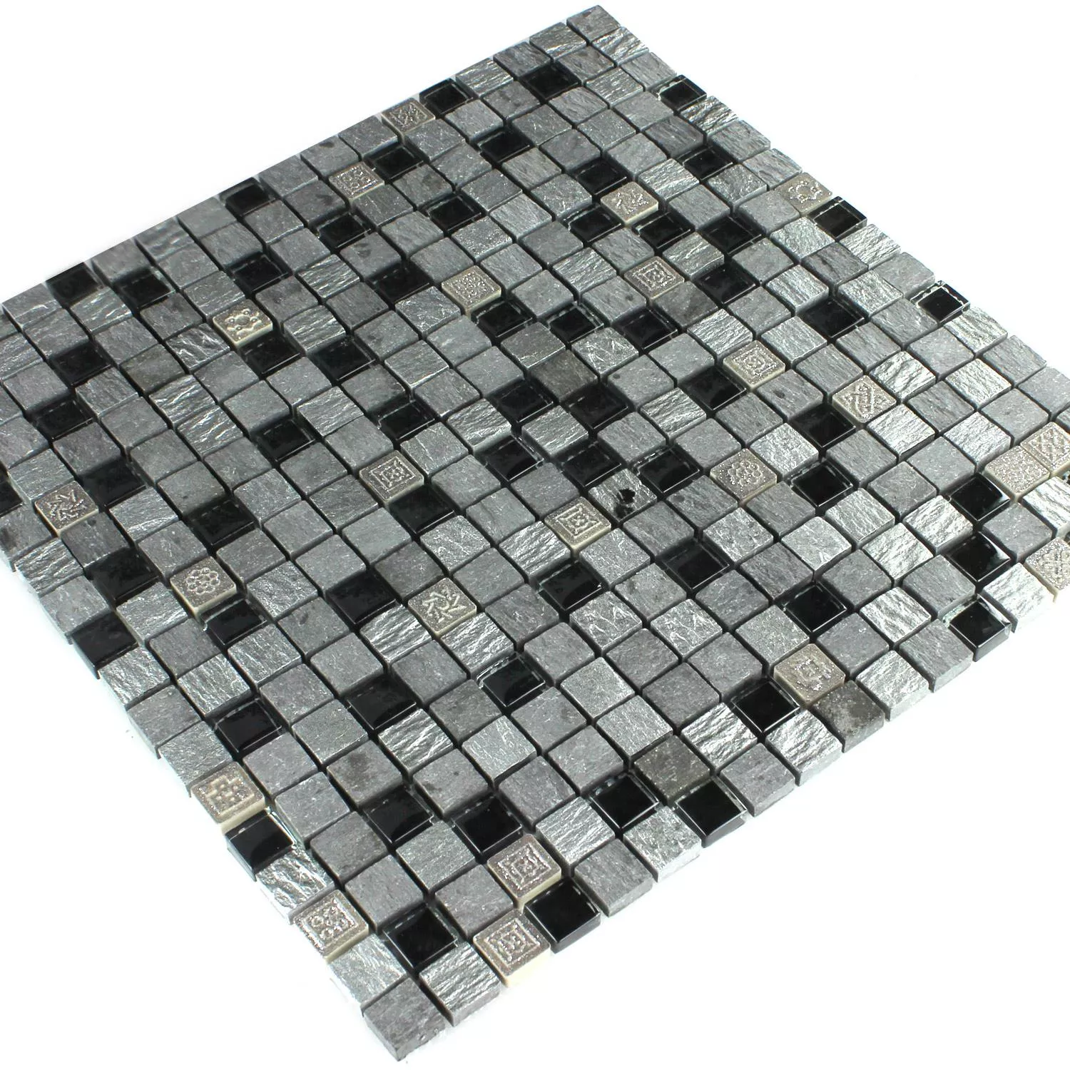 Próbka Mozaika Szkło Kamień Naturalny Srebrny Czarny